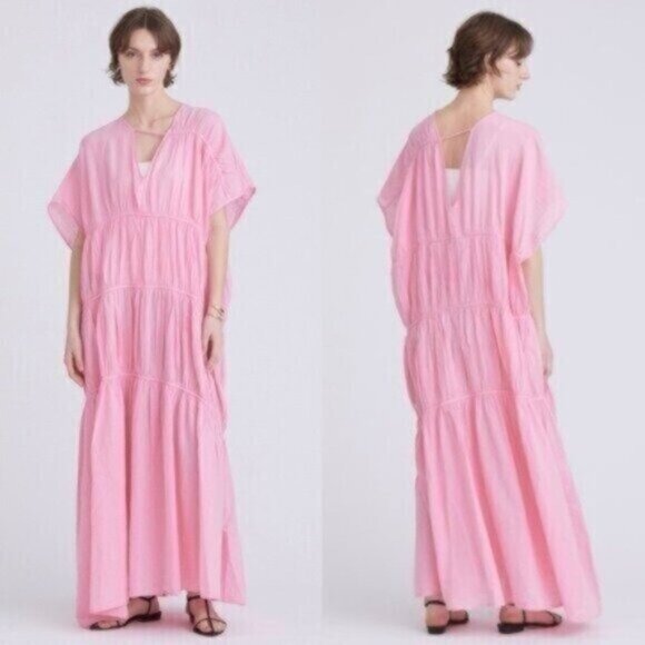 NWT Devotion Twins Chalkos Cotton Tiered Pink Asymmetrical Maxi Dress Size S - Picture 1 of 12